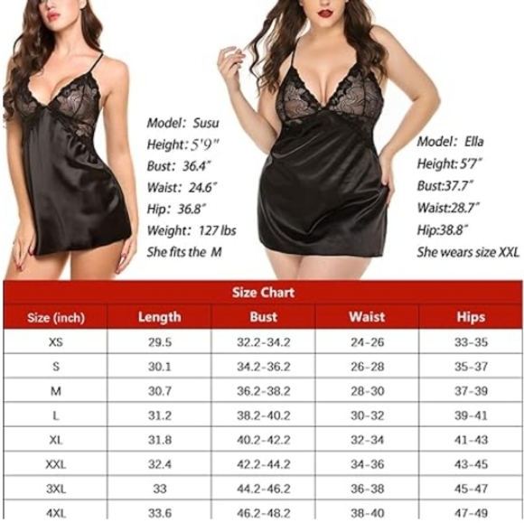 Avidlov Lingerie VNeck Nightwear Satin Lace Chemise Mini Teddy Black Nighty - Picture 7 of 7